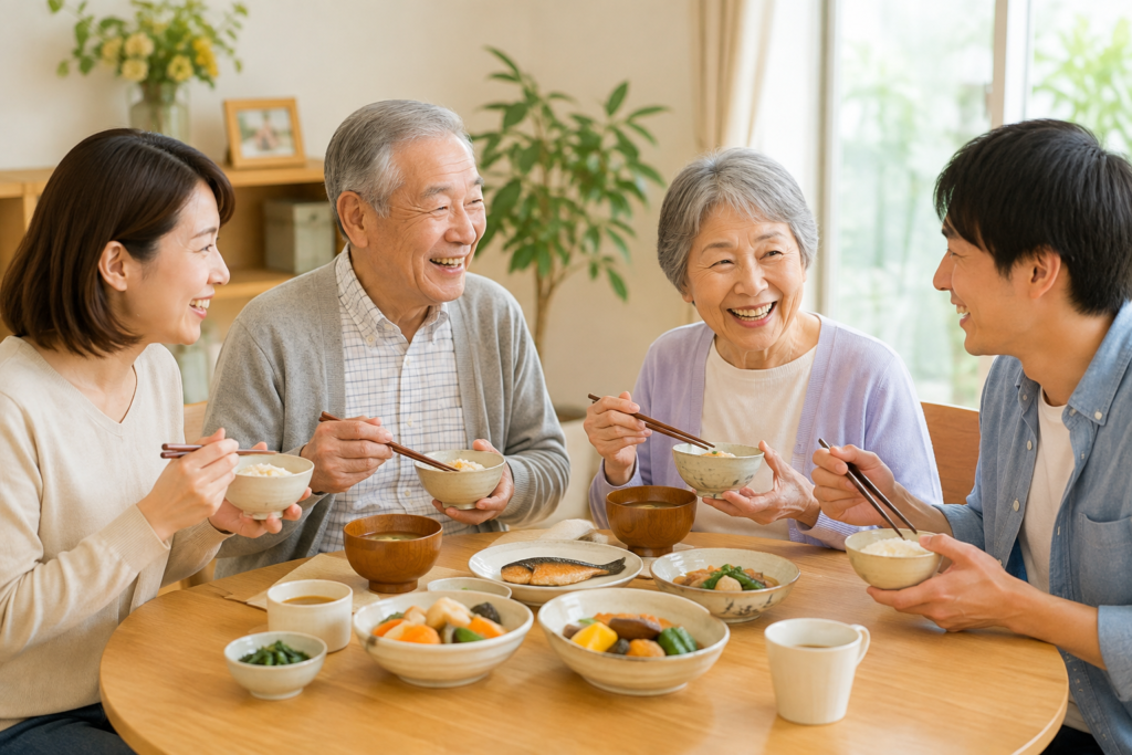 家庭で嚥下食を食べる高齢者と介護する家族