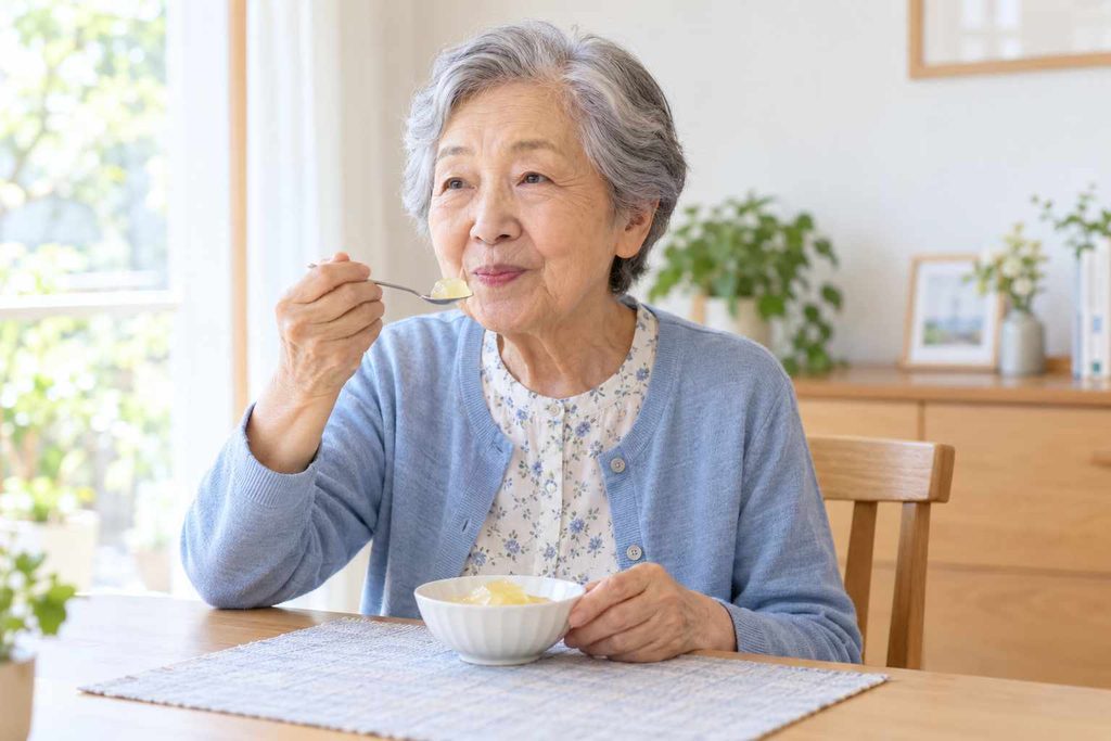 自宅で水分補給用のゼリーをスプーンで食べる高齢女性