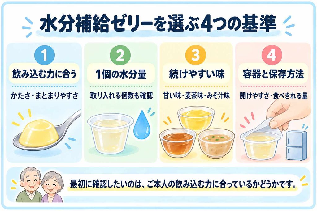 高齢者向け水分補給ゼリーを選ぶ4つの基準。飲み込みやすさ、水分量、味、容器と保存方法を確認する