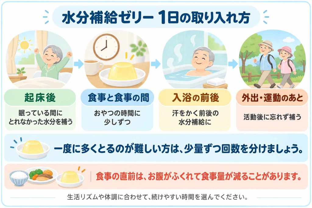 水分補給ゼリーを取り入れるタイミング。起床後、食間、入浴前後、外出や運動後に少量ずつ補う