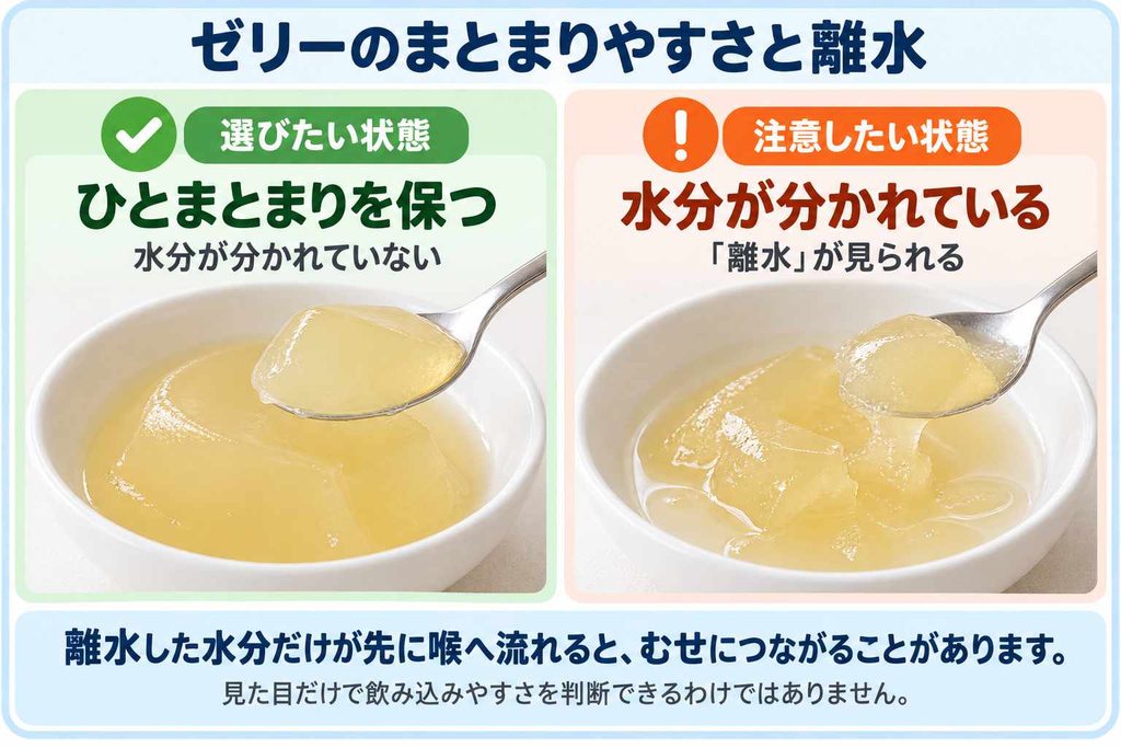 ひとまとまりを保つゼリーと、水分が分かれて離水したゼリーの比較